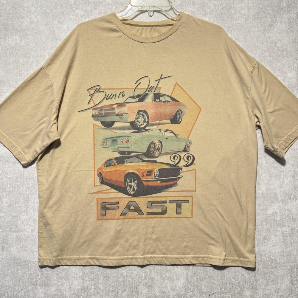 Shein Shirt Womens Medium Beige Burn Out Fast 99 Muscle Car Graphic Tee